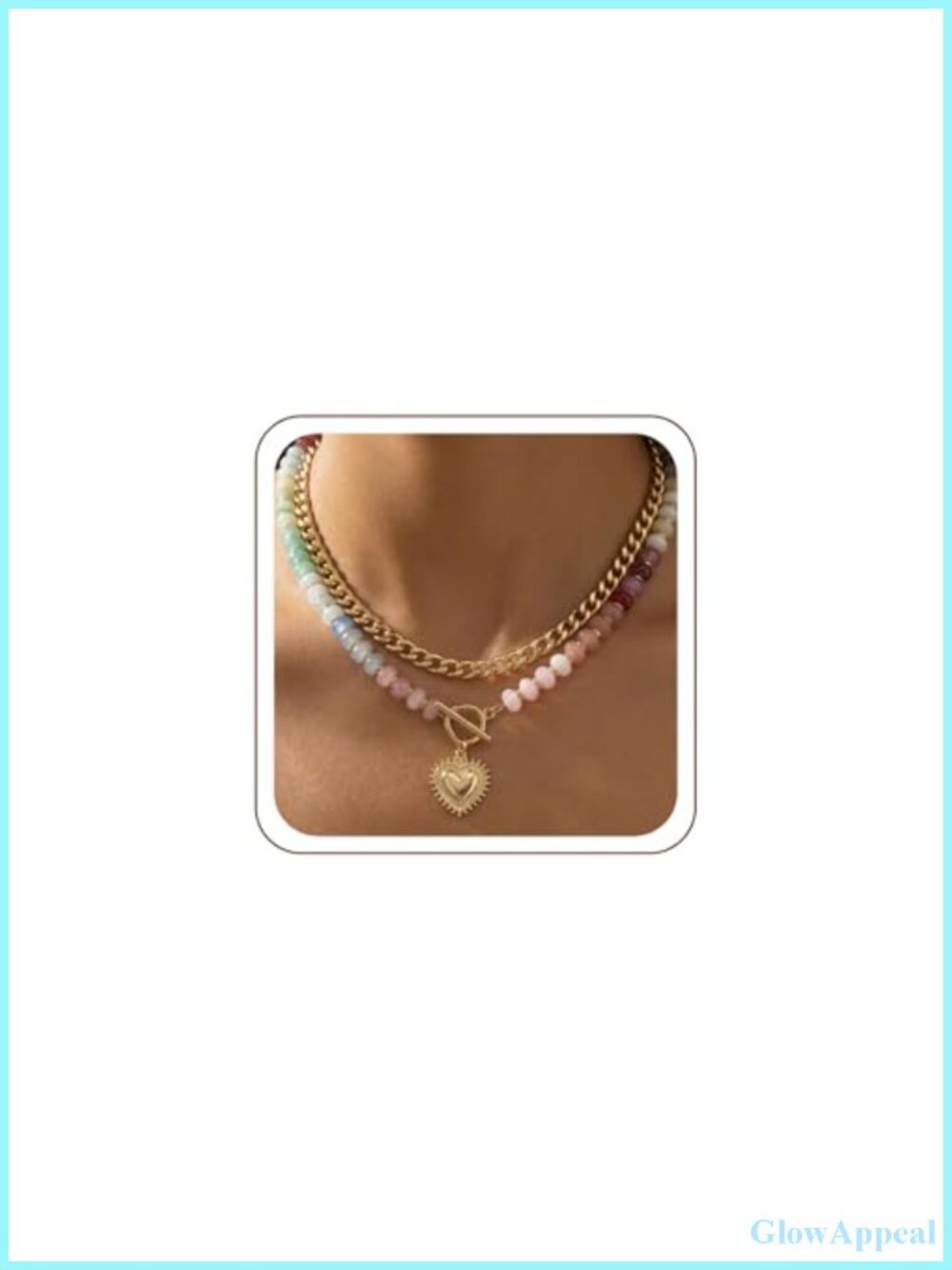 Chunky Beaded Pendant Necklace Stainless Steel Statement Layered Heart
